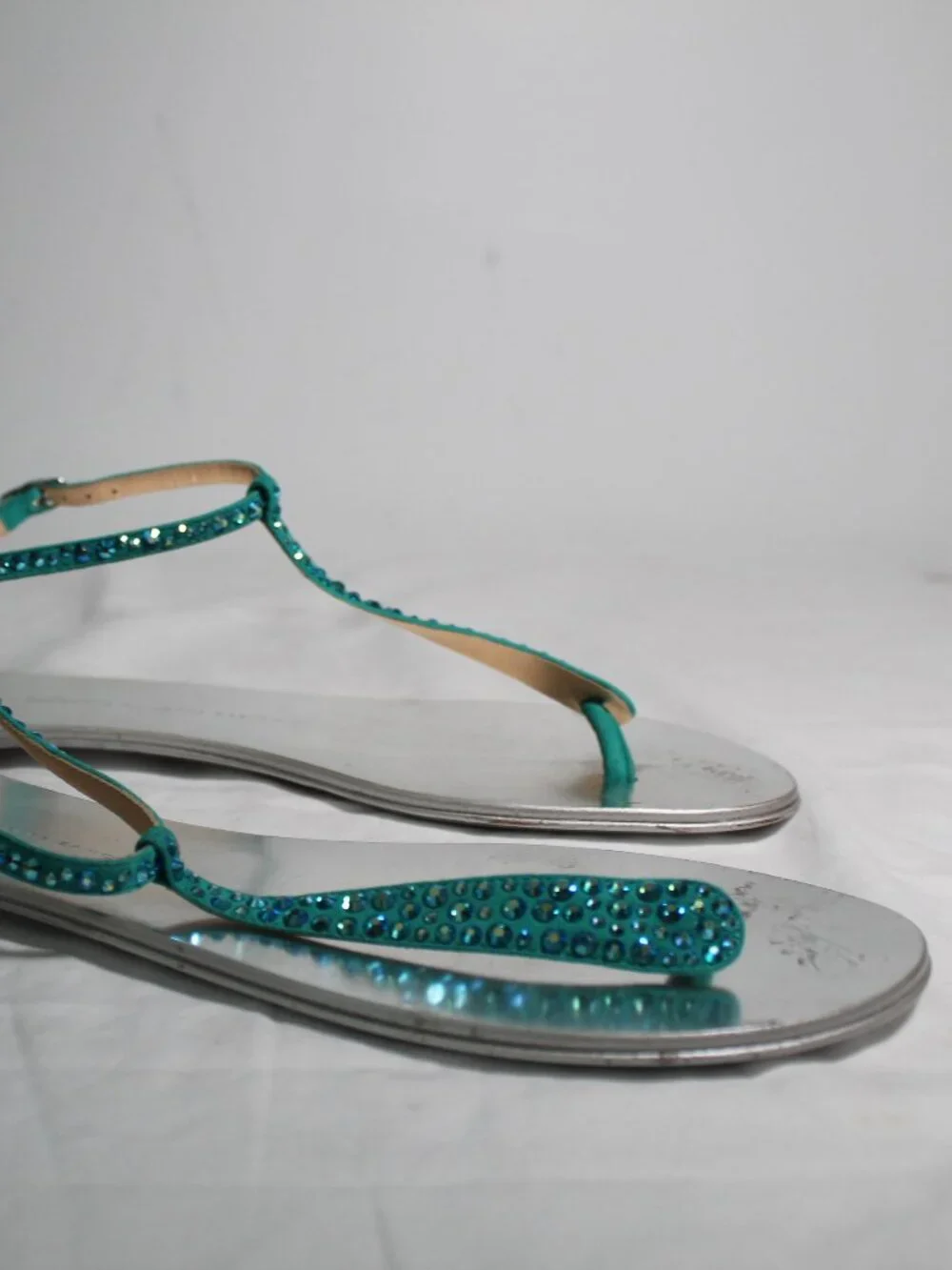 Giuseppe Zanotti Turquoise Suede Crystal Embellished T-Strap Flats Sandals 41
